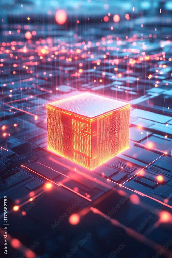 Poster a cube is lit up in a computer chip. the cube is orange and is surrounded by a blue background
