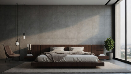 Fototapeta premium Modern Bedroom Interior with Platform Bed and Concrete Wall