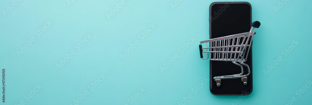 Poster miniature shopping cart placed on smartphone screen on turquoise background representing online shop