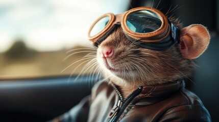 A charming mouse wearing a leather jacket and vintage goggles sits in a vehicle, emanating a sense of thrill and anticipation characteristic of epic journeys.