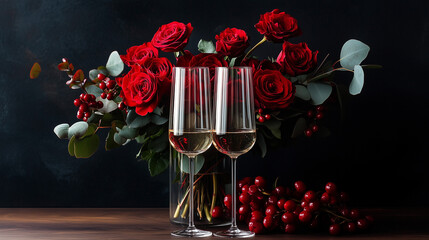 Kieliszki wypełnione szampanem ustawione obok pięknego bukietu czerwonych róż, symbolizujące miłość i celebrację wyjątkowych chwil, takich jak Walentynki.