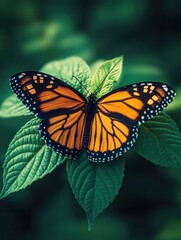 Obraz premium Monarch butterfly resting on green leaf in nature.