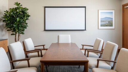 A modern conference room featuring a large wooden table, comfortable chairs, a projector screen, and decorative elements like a potted plant and framed artwork.