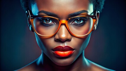 Surreal Close-up Headshot: Black Woman, Orange Glasses, Bold Lipstick