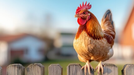 A colorful rooster with vibrant plumage stands on a wooden fence, exuding charisma and pride, set against the soft blur of a backyard in the afternoon light.