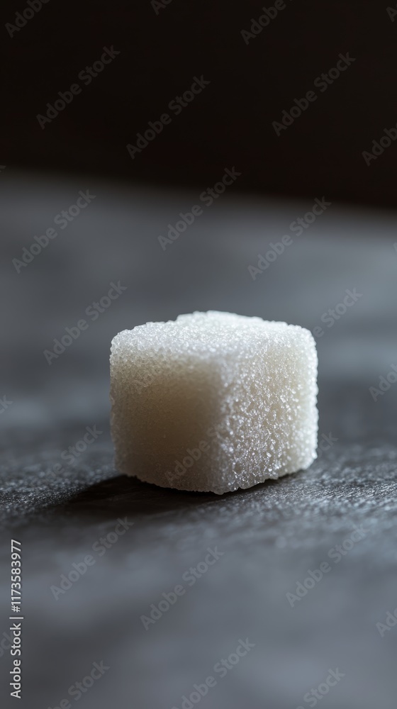 Poster close up macro photograph showcases a single sugar cube on a dark gray surface, symbolizing sugar co