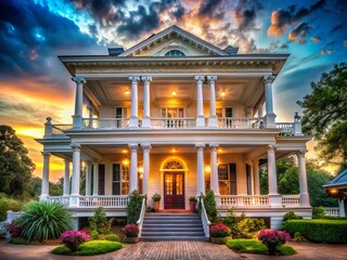 Obraz premium Surreal Colonial House: White Pillars, Expansive Porch, Timeless Architecture, Heritage, Tradition