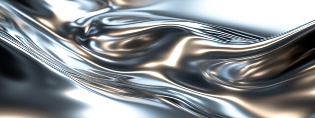 Liquid metal surface, flowing chrome waves, abstract metallic texture, sleek futuristic design, high contrast reflections, smooth silvery curves, dynamic fluid motion, glossy aluminum aesthetic, sci-f