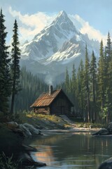 A rustic cabin nestled in a peaceful forest with towering mountains in the background, reflecting in a calm river.