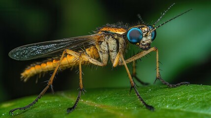 Fototapeta premium Close-up of flycatcher insect with spiny body and agile wings on leaf.