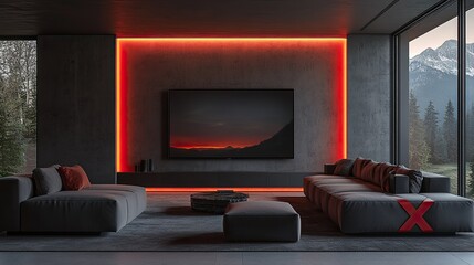 Swivel TV bracket with an LED display and X-shaped red fasteners: Modern TV bracket design with a sleek LED display and stylish X-shaped red fasteners, showcasing contemporary home tech and design
