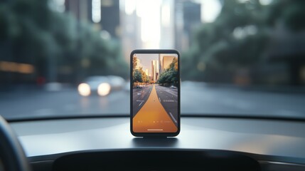 Modern smartphone displaying navigation app with augmented reality features, providing real time directions on car dashboard while driving through busy city streets