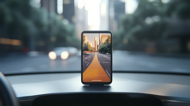 Modern smartphone displaying navigation app with augmented reality features, providing real time directions on car dashboard while driving through busy city streets
