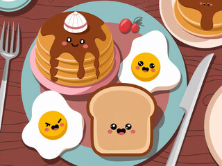 Cheerful breakfast with casual pancakes, eggs, and toast on a colorful plate