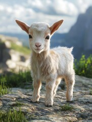 Obraz premium Cute young goat standing on rocky terrain in a lush green landscape with mountains in the background under a bright blue sky. Generative AI