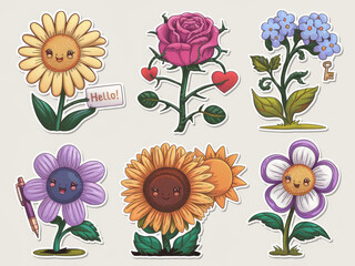 Cute casual flowers with smiling faces and accessories