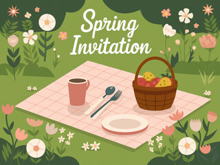 Spring picnic invitation featuring basket with fruits and coffee on checkered blanket