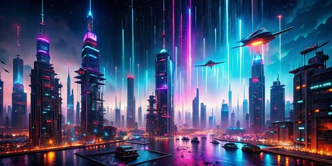 Obraz premium Surreal Futuristic Cityscape: Digital Rain and Neon Glow