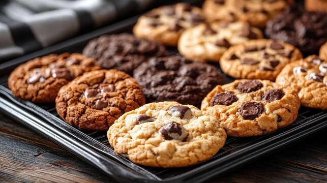A tray filled with assorted cookies including chocolate chip, white chocolate, and dark chocolate flavors, perfect for dessert or snacking, rest on a wooden table.