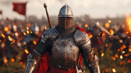 Fototapeta premium A knight in shining armor stands confidently on a battlefield, surrounded by warriors and sparks, embodying the spirit of medieval warfare.