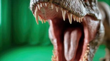 An intense close-up showcases the dangerous jaws of a Tyrannosaurus rex, highlighting its sharp...