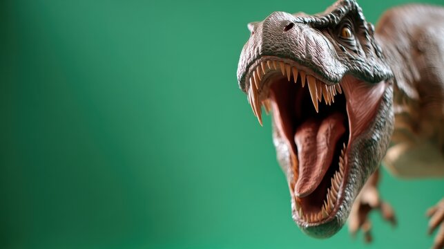 A striking T. Rex with its fangs bared, appears to be in motion against a green backdrop, emphasizing its fierce and powerful presence.