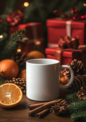 A white mug sits on a wooden table surrounded by Christmas decorations, including oranges, pine cones, cinnamon sticks, and gift boxes with warm lighting in the background.