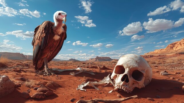 The image depicts a vulture observing a solitary human skull amidst a barren desert under a vast sky, conveying themes of desolation and the timelessness of nature.