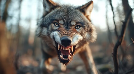 A dynamic scene depicting an aggressive wolf mid-charge in a forest environment, showcasing raw nature and primal instincts, capturing intensity and motion.