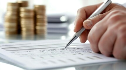 Close-up of a Hand Holding a Pen Writing on Financial Statements with Stacked Coins in the Background, Representing Investment, Savings, and Planning
