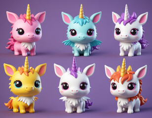 Fototapeta premium Adorable 3 d baby unicorns with vibrant colors on purple background