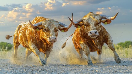 Two Texas Longhorns charging across a dusty field at sunset, used for ranch imagery.