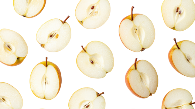 A visually striking pattern of sliced apples on a black background, showcasing their creamy flesh and unique shapes.
