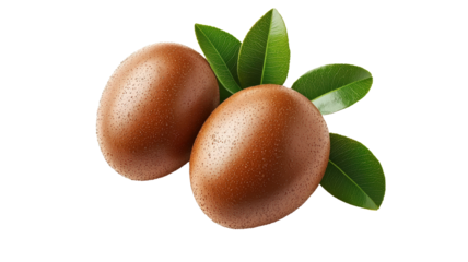 Two brown eggs nestled with green leaves, showcasing a natural and organic appearance.