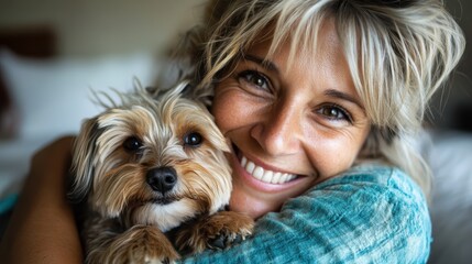 A cheerful woman with layered hair affectionately embraces her dog, her infectious wide smile symbolizing joy. The captured moment shows friendship amid soft, intimate surroundings.