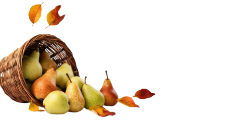 A woven basket spills ripe pears and falling autumn leaves, creating a vibrant display of seasonal bounty.