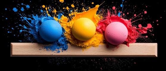 Fototapeta premium Vibrant Color Explosion Three Spheres Impacting Wood Cyan Magenta Yellow Paint Splashes