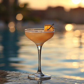 Orange cocktail by pool at sunset with city lights