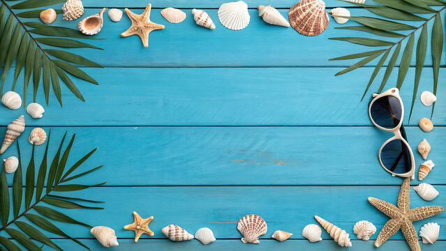 Tropical beach theme with seashell and sunglasses border for summer design.