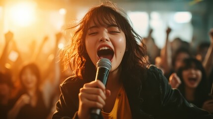 A vibrant singer passionately performing on stage, surrounded by an enthusiastic crowd at a lively...