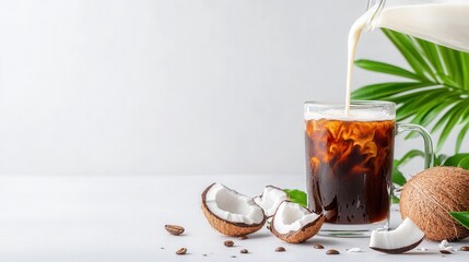 Coconut milk pouring into glass of coffee with fresh coconut and tropical leaves on white background.
