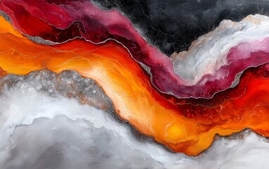 Fototapeta premium Abstract Fluid Art Painting Vibrant Red Orange and Grey Swirls