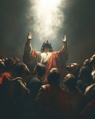 The moment of Christ&rsquo;s Ascension, portrayed with dramatic clouds and glowing rays of divine presence.