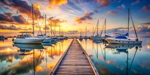 Obraz premium Surreal Regatta: Wooden Pier, Yachts at Dawn, Calm Sea, Dreamlike Sky
