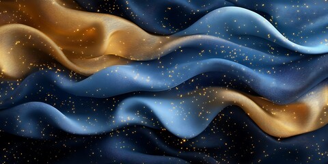 Obraz premium Blue and gold fabric waves, glittering texture, abstract background, design element.