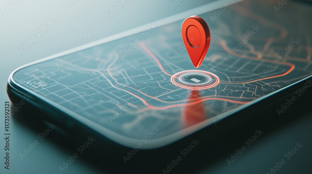 Aufkleber city map displayed on smartphone screen with glowing red location pin indicating destination and hig