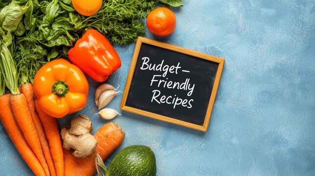 Create Budget-Friendly. Fresh vegetables arranged with a chalkboard displaying budget-friendly recipes.