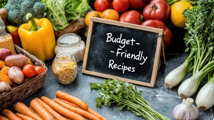 Create Budget-Friendly. Fresh vegetables and a chalkboard sign promoting budget-friendly recipes on a rustic background.
