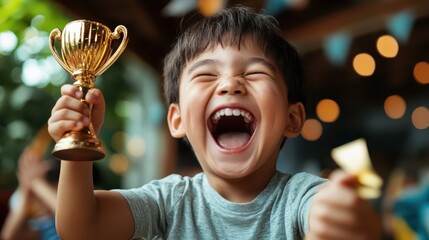 A young child holds a shiny golden trophy with enthusiasm, a wide smile emphasizes their excitement and sense of accomplishment, set against a festive backdrop of lights.