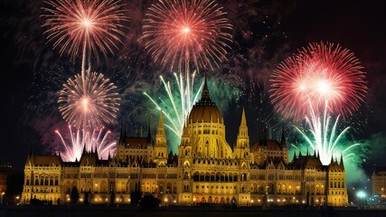Naklejka premium fireworks over Budapest Parliament New Year in the city Hungary